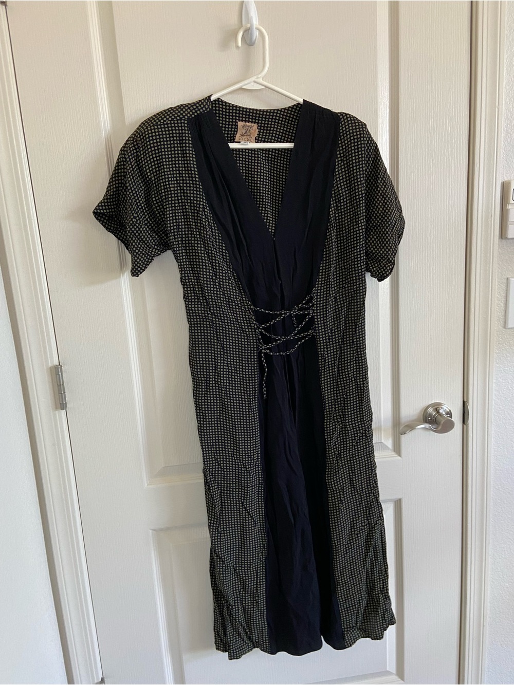 Vintage Zelda Black and Olive Green Polka Dot V-Neck Dress